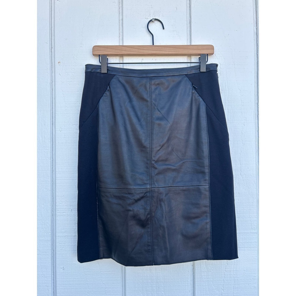 Halogen Black Faux Leather Panel‎ Pencil Skirt, Pockets, Size 8 Petite